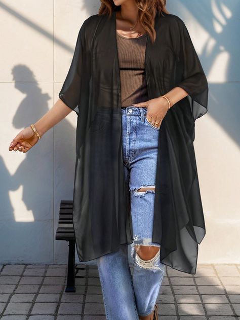 Women's Loose Bat Wing Sleeve Open Front Casual Kimono Cover Up Black   Half Sleeve Woven Fabric   Non-Stretch  Women Clothing, size features are:Bust: ,Length: ,Sleeve Length: Half Sleeves, Casual Kimono, Bat Wing, Womens Kimono, Vacation Style, Beachwear For Women, Tunic Blouse, Batwing Sleeve, Half Sleeve