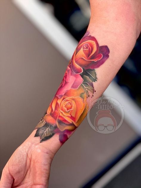 Rose Tattoos On Arm, Coloured Rose Tattoo, Colorful Rose Tattoos, Observation Drawing, Tattoos On Arm, Big Tattoos, Colorful Flower Tattoo, Tatoo 3d, Colour Tattoo For Women