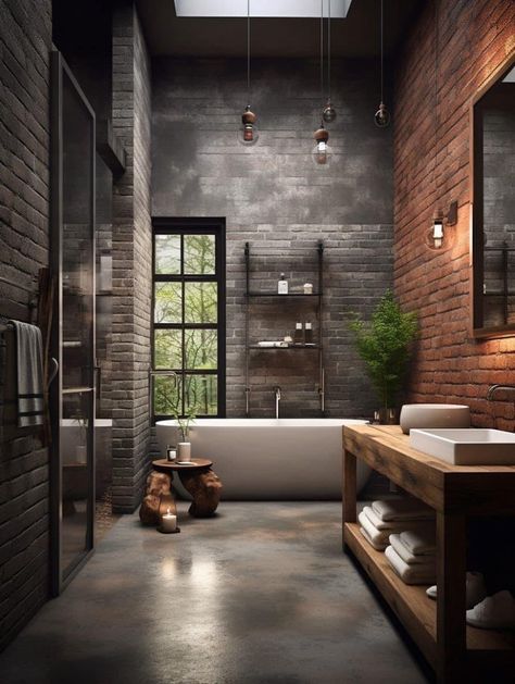 Exposed Brick Bathroom, Modern Industrial House, Loft Luxury, Brick Bathroom, Industrial Bathroom Design, Industrial Style Bathroom, Brick Interior, Industrial Home Design, Loft Interior Design