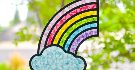 Add a little happiness to your window with this DIY rainbow suncatcher! Cut the frame with your Cricut Explore or Maker, and then use contact paper and tissue paper to create the colorful rainbow! Diy Suncatcher Cricut, Rainbow Suncatcher For Kids, Rainbow Suncatcher Craft, Preschool Cricut Ideas, Cricut Suncatcher, Cricut Crafts For Kids, Cricut Preschool, Tissue Paper Suncatcher, Rainbow Cricut