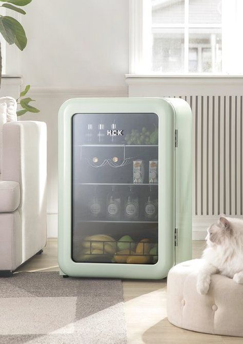 Refreshment Station, Mini Fridge In Bedroom, Minimalist Bedrooms, Cool Drinks, Hangout Room, Dream Dorm, Retro Fridge, Beverage Refrigerator, Salon Suites