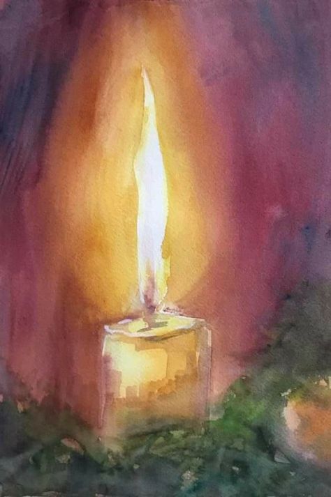 Candle Painting Watercolor, Watercolor Candles Painting, Oil Pastel Christmas Art, Candle Art Drawing, Candle Painting Art, Watercolor Candle, Candle Watercolor, Watercolor Candles, Watercolor Light