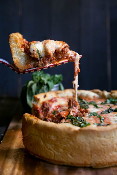 A homemade, Chicago-style deep dish pizza recipe with ooey-gooey cheese and a beautiful, butter-cornmeal crust. This easy deep dish pizza recipe is a must make and you can use any toppings you like. A delicious, indulgent recipe that's perfect for special occasions! #pizza #deepdishpizza #indulgent #dinner #homemadepizza Indulgent Dinner, Cornmeal Crust, Chicago Style Deep Dish Pizza, Deep Dish Pizza Recipe, Chicago Pizza, Ambitious Kitchen, Healthy Pizza, Deep Dish Pizza, Gooey Cheese