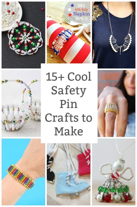 A fun collection of creative safety pin crafts to make. From safety pin jewelry, to safety pin crafts for tweens - there's something for every crafter. #safetypincrafts #safetypincraftideas #safetypindiy #safetypinjewelry #safetypinbracelet #craftsfortweens #craftsforteens #craftfortweensdiy Safety Pin Projects, Safety Pin Diy, Safety Pin Jewelry Patterns, Safety Pin Art, Safety Pin Crafts, Safety Pin Bracelet, Mom Crafts, Hanging Craft Ideas, Safety Pin Jewelry