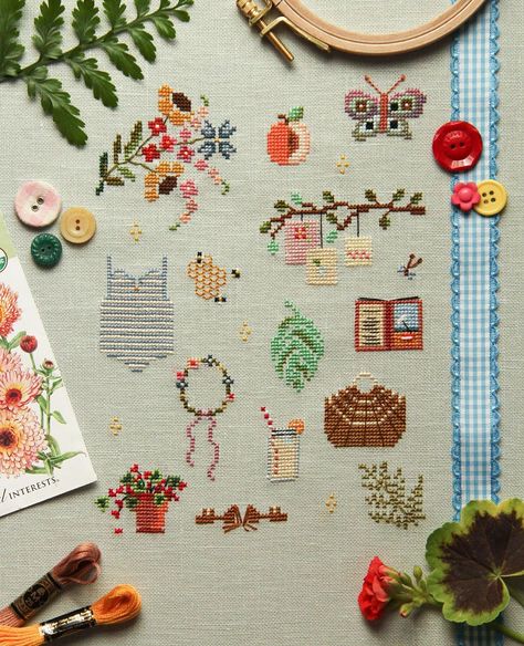 Alicia Paulson on Instagram: “The Things of Summer Cross-Stitch Kit (and the PDF) is now available. 💛 Yeah, it’s aspirational. 💛 Link in profile. These are all assembled…” Summer Cross Stitch, Stitch Summer, Cross Stitch Sampler Patterns, Stitch Sampler, Summer Things, Simple Joys, Mini Cross Stitch, Cross Stitch Samplers, Crewel Embroidery