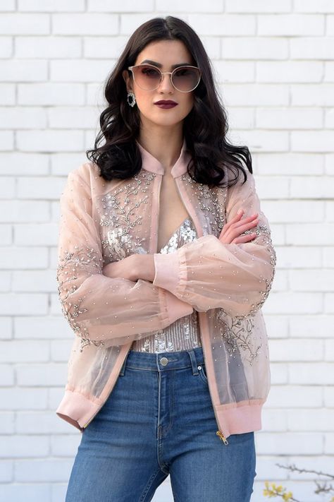 Buy Silk Organza Embroidered Bomber Jacket by Talking Threads at Aza Fashions Jacket For Women, Silk Organza, Hand Embroidered, Bomber Jacket, Silk