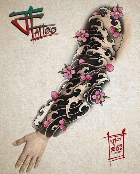 Wave Tattoo Sleeve, Solid Tattoo, Traditional Japanese Tattoo Sleeve, Japanese Wave Tattoos, Red Tattoo Ideas, Red Ink Tattoo, Tattoo Japanese Style, Wave Tattoo Design, Japanese Flower Tattoo