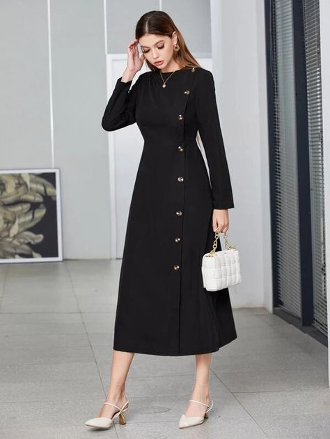 Button Front Solid A-line Dress | SHEIN USA Black Button Up Dress Long Sleeve, Elegant Spring Dresses Classy, Plain Fabric Dress Designs, Elegant Dresses For Women Classy, Elegant Winter Dresses, Elegant Work Dress, Modest Dresses Fashion, Velvet Dress Designs, Elegant Color