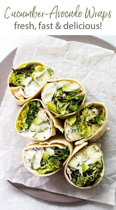 These fresh and crisp cucumber avocado wraps with fresh greens are sort of like those little cucumber sandwiches served at tea parties, but a lot less fussy and more amped up thanks to a pesto-spiked cream cheese spread. They’re an easy no-cook weekday lunch. Easy Vegetarian Wraps Lunches, Cucumber Avocado Sandwich, Avocado Wraps Recipes, Avocado Wrap Vegetarian, Vegetarian Wraps Recipes, Healthy Avocado Pasta, Breakfast Cucumber, Avocado Lunch Recipes, Cucumber Wrap