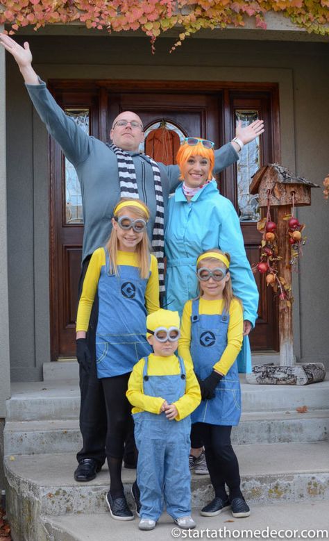 Gru Lucy And Minion Costume, Gru Family Costume, Gru And Minions Group Costume, Group Halloween Costumes Minions, Diy Despicable Me Costume, Gru Costume Men, Family Halloween Custome, Minion Custome Halloween, Family Of Six Halloween Costumes