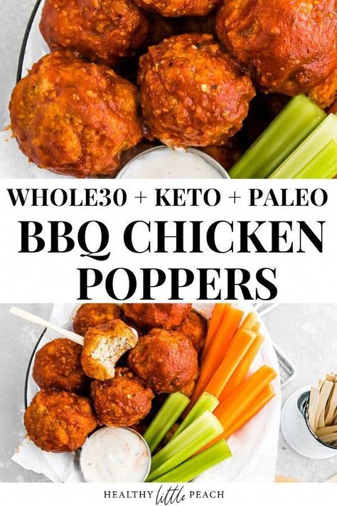 Jun 10, 2020 - Crispy Chicken Poppers smothered in BBQ sauce and dipped in a homemade creamy ranch dressing. Whole30, Keto, Paleo and Dairy Free. A perfect appetizer. Air Fryer Whole 30, Whole 30 Air Fryer Recipes, Paleo Bbq Chicken, Appetizers For A Party, Weekday Recipes, Paleo Bbq, Chicken Poppers, Whole30 Dinner, Creamy Ranch Dressing