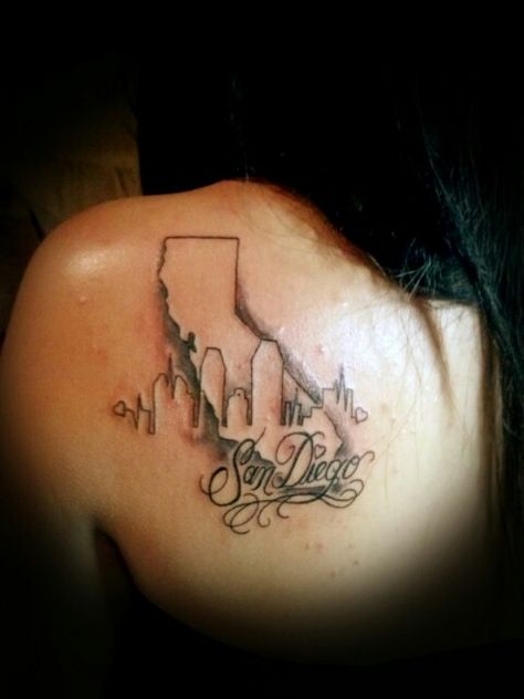 San diego skyline San Diego Inspired Tattoo, San Diego Tattoo Ideas, California Tattoo For Women, San Diego Tattoo, Best 3d Tattoos, California Tattoo, Texas Tattoos, Epic Tattoo, Forarm Tattoos