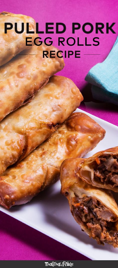 The question is, why wouldn't you wrap pulled pork into an egg rolls, deep fry them and then dunk 'em in peanut sauce? Pork Egg Rolls Recipe, Pulled Pork Egg Rolls, Pork Egg Roll Recipes, Egg Rolls Recipe, Pork Egg Rolls, Chicken Spring Rolls, Egg Roll Recipes, Deep Fry, Egg Roll