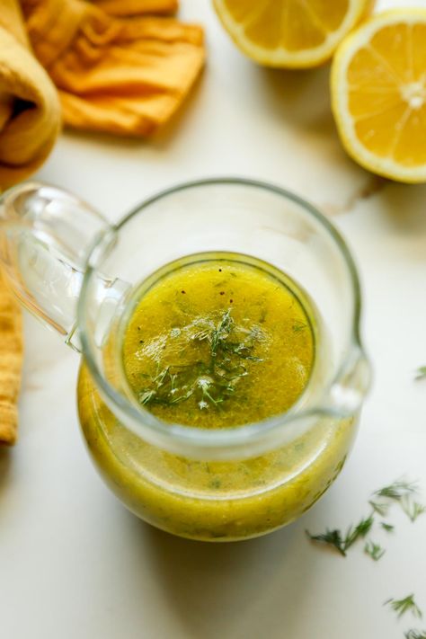 Lemon Dill Vinaigrette - Crave-Worthy Weight Watchers Salad Dressing, Lemon Dill Dressing Recipe, Salad Dressing Lemon, Mediterranean Chicken Marinade, Lemon Dill Dressing, Dill Vinaigrette, Greek Salad Dressing Recipe, Weight Watchers Salad, Dill Dressing