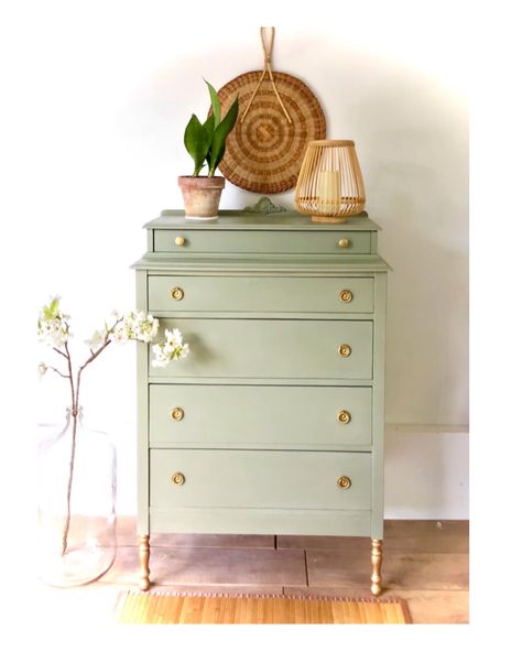 Painted antique dresser in Sage Light Sage Green Furniture Paint, Pastel Green Furniture, Sage Painted Furniture, Sage Nightstand, Sage Green Dressers, Sage Green Dressers Painted, Green Paint Furniture, Cottage Core Dresser, Light Green Dresser