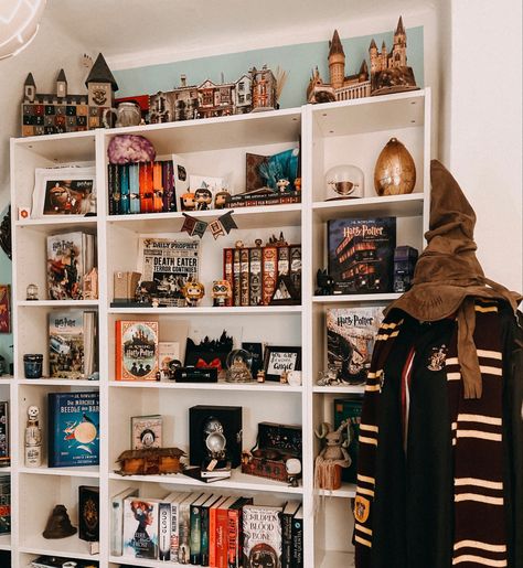 Harry Potter Shelves, Marvel Room Ideas, Harry Potter Bookshelf, Harry Potter Shelf, Harry Potter Display, Harry Potter Bedroom Decor, Aesthetic Bookshelf, Harry Potter Theme Birthday, Harry Potter Room Decor