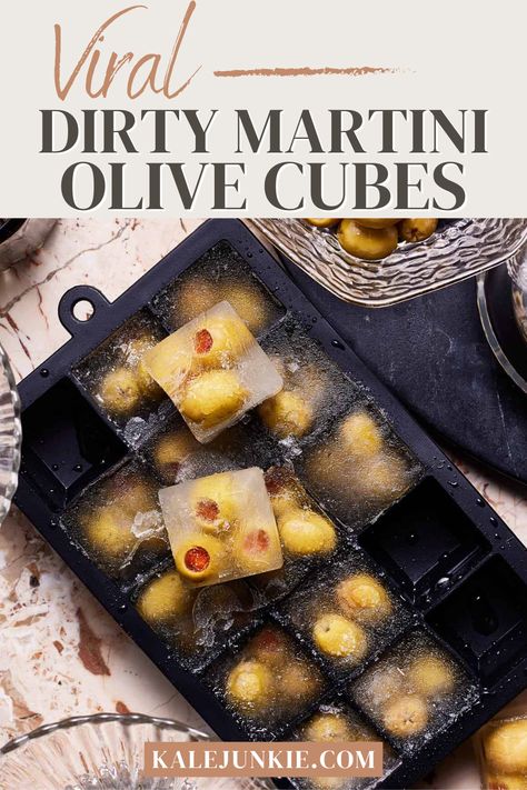 These Viral Dirty Martini Olive Cubes are the perfect way to make a dirty martini in seconds! If you need to prepare drinks in a pinch, having these olive cubes on hand is amazing. Whether you’re serving a crowd or making drinks for two, try this recipe out and I’m sure you’ll be obsessed! Martini Ideas, Olive Balloons Martini, Dirty Martini Ice Cubes, Dirty 30 Martini Party, Dirty Martini Theme Party, Dirty Vodka Martini Recipe, Black Olive Martini, Dirty Martini Party Decor, Extra Dirty Martini Recipe