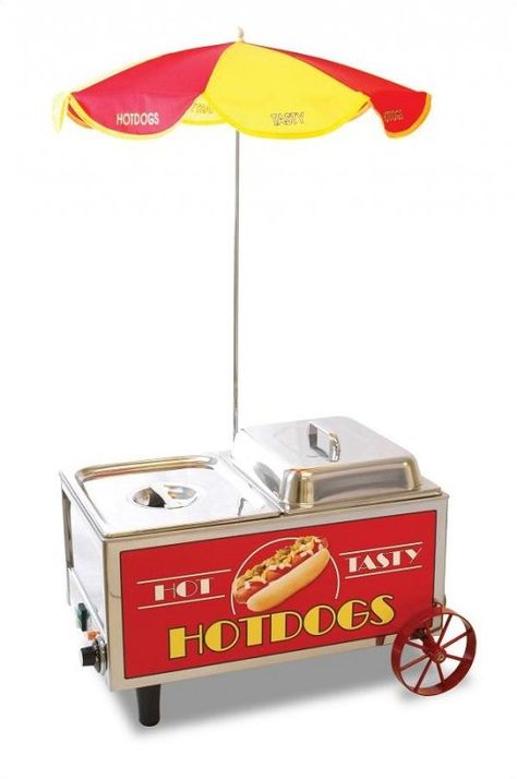 Chicago style hot dog cart and we carry it on our website! Small Hot Dogs, Hot Dog Rollers, Food Cart Business, Mini Hot Dogs, Dog Cart, Outdoor Cart, Hot Dog Cart, Hot Dog Stand, Popcorn Machine