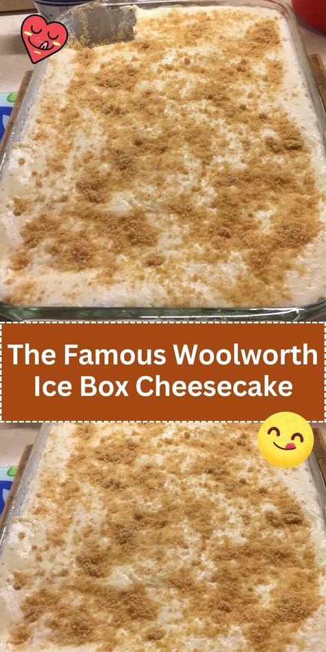 A no-bake cheesecake that was popularized by Woolworth’s lunch counters. It features a graham cracker crust and a smooth, creamy filling, chilled in the refrigerator. No Bake Refrigerator Desserts, Refrigerator Cake Recipes No Bake, Ice Box Cheesecake Recipes, Refrigerator Cheesecake Recipe, Ice Box Cake Graham Cracker, Refrigerator Pies Recipes, Recipes Using Philadelphia Cheesecake No Bake Filling, Graham Cracker Pudding Dessert, Refrigerator Cake Recipes