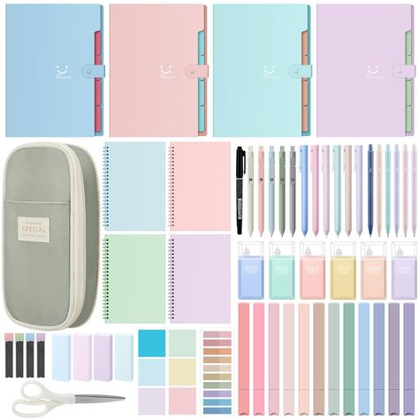 PRICES MAY VARY. Large Capacity and Compact Design: this stationery pack features a cute pencil case about 9.45 x 4.33 x 1.38 inches/ 24 x 11 x 3.5 cm in size; The case is easy to carry and store, suitable for those always on the move; It makes it an ideal choice to store the pens, highlighters, mechanical pencils, and accessories included in the package Quality Construction and Durability: the set includes 4 different colored portable file folder organizers about 12.8 x 9.25 x 0.75 inches in si High School Supplies List Junior, Best Back To School Supplies, Cute School Stuff, Cute Back To School Supplies, Scissors For School, School Supplies Pencil Case, Cute Highlighters, Pencils For School, School Core