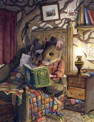 25 Beloved, Time-Tested Read-Alouds For Young Children, Chris dunn, artist, bedtime story, mother mouse reading to little mouse, cottage, ca... Susan Wheeler, Beatrice Potter, Coloring Designs, 동화 삽화, Marjolein Bastin, Reading A Book, Art Et Illustration, Arte Animal, Art And Illustration