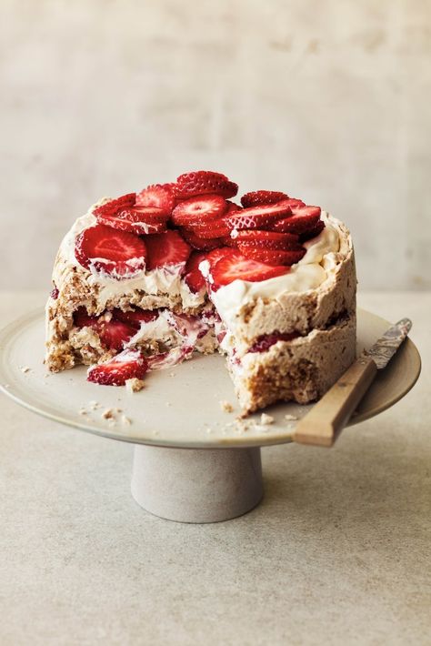 Strawberry & Hazelnut Meringue Cake | Great British Food Awards Meringue Cake Recipe, Hazelnut Meringue, Great British Food, Meringue Cake, Small Food Processor, Gateaux Cake, Fruity Desserts, Strawberry Cakes, British Food