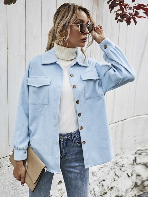 Drop Shoulder Flap Pocket Shacket Teal Shacket Outfit, Light Blue Shacket Outfit, Blue Shacket Outfit, Ootd Frio, Blue Shacket, Shacket Outfit Women, Shirt Jacket Outfit, Shacket Outfit, Magic Clothes