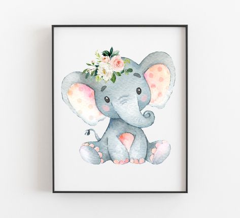 Elephant baby shower decorations girl pink elephant baby | Etsy Watercolor Nursery Animals, Elephant Nursery Prints, Baby Nursery Prints, Playroom Posters, Baby Animal Art, Baby Print Art, Nursery Room Art, Elephant Poster, Safari Nursery Prints