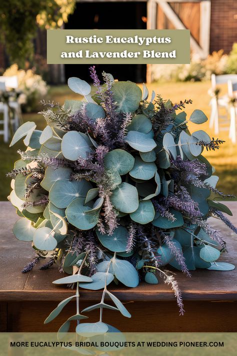 Rustic Wedding Bouquet with Eucalyptus & Lavender Wedding Bouquet Lavender Eucalyptus, Eucalyptus Wedding Ideas, Lavender And Eucalyptus Bouquet, Wedding Bouquets Eucalyptus, Lavender And Eucalyptus Wedding, Wedding Bouquet With Eucalyptus, Bouquets Eucalyptus, Bouquet With Eucalyptus, Bridal Bouquet Ideas