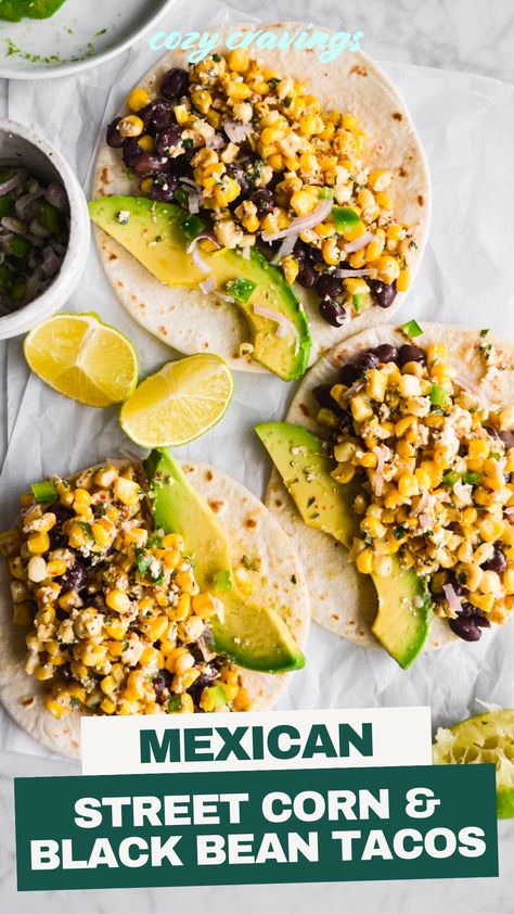 Tacos With Veggies, Meat Free Mexican Recipes, Vegan Corn Tacos, Southwestern Vegetarian Recipes, Easy Veggie Tacos, Healthy Veggie Tacos, Black Bean Tacos With Avocado Lime Sauce, Black Bean Dishes Dinners, Healthy Dinner Recipes With Corn