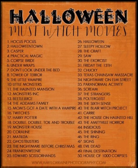 Halloween Movie Playlist - good ideas for the Halloween season Must Watch Movies, Halloween Films, Halloween Movies List, Halloween Bucket List, Halloween Playlist, Halloween Movie Night, Diy Halloween Decor, Hallowen Costume, Movies List