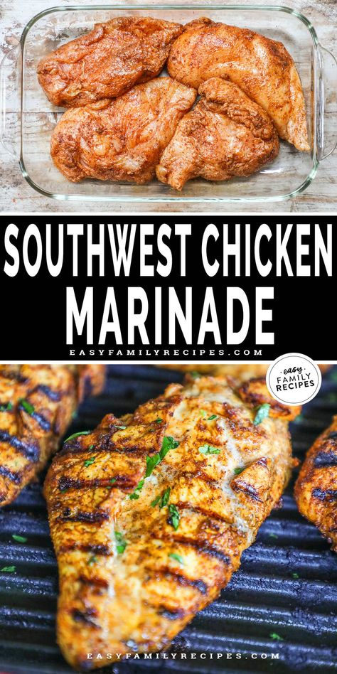 This Southwest Chicken Marinade is the perfect way to spice up your chicken dinner! Chicken breast is infused with a spicy, tangy, salty marinade, then grilled until juicy, tender, and incredibly flavorful. Southwest Chicken Marinade, Chicken Marinade For The Grill, Dinner Chicken Breast, Spicy Chicken Marinades, Bbq Chicken Marinade, Lime Marinade For Chicken, The Best Grilled Chicken, Chicken Breast Marinade, Bbq Rub Recipe