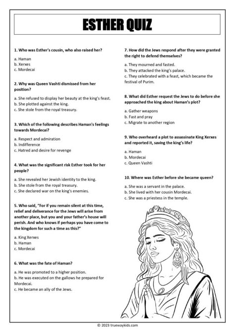 Check out this free printable Esther Bible quiz worksheet for youth! It's a multiple-choice quiz that will test their knowledge of the story of Esther. Perfect for Sunday school, Bible study, or homeschooling. Click the link to download your free copy! #Esther #BibleLesson #YouthGroup #FreePrintable #TruewayTeens Esther Activities, Esther Object Lesson, Esther Bible Study For Kids, The Book Of Esther Bible Study, Esther Verses, Esther In The Bible, Bible Study Esther, Esther Bible Crafts, Esther Bible Study Notes