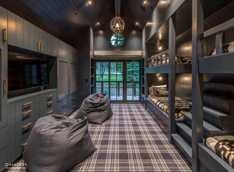 Mountain House Basement, Large Bunk Room, Lodge Bunk Room, Mountain House Game Room, Mountain House Mudroom, Martis Camp, 3 Bed In One Room Ideas, Ski House Bunk Room, Bunk Room Mountain House