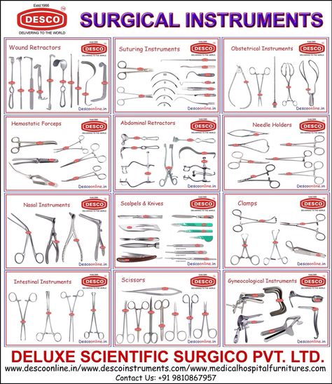 SURGICAL INSTRUMENTS:  A large variety from Surgical Instruments is as Wound Retractors, Suturing Instruments, Obstetrical Instruments, Hemostatic Forceps, Abdominal Retractors, Needle Holders, Nasal Instruments, Scalpels & Knives, Clamps, Intestinal Instruments, Scissors, Gyneocological Instruments and so many others…  DELUXE SCIENTIFIC SURGICO PVT LTD  ROHIT SABHARWAL Mobile : +91 9899077957  /9810867957 Skype : rohit.desco1 Surgical Technologist Week, Dental Notes, Surgical Technologist Student, Vet Tech School, Perioperative Nursing, Surgical Technician, Medical School Life, Vet Medicine, Surgical Nursing