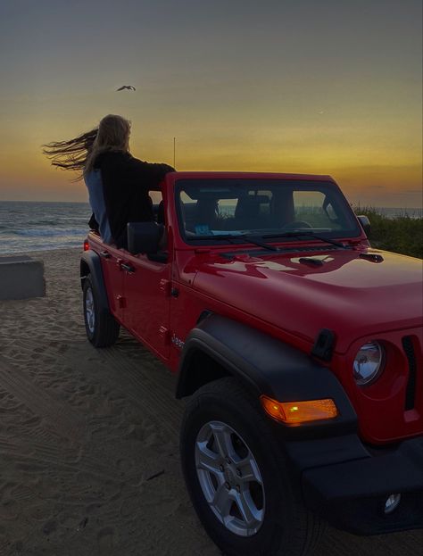 Los Angeles, Cassie Martin, Jeep Sunset, Red Jeep Wrangler, The Beach Sunset, Beach Jeep, Red Jeep, Car Deco, Vision Board Pictures