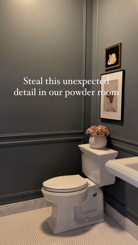 Kelly | Cozy + Collected Home (@thefreshhome) • Instagram photos and videos Main Floor Powder Room Ideas, Tile Baseboard Ideas, Half Bathroom Wainscoting, Dark Moody Half Bathroom, Long Powder Room, Dark Grey Powder Room, Powder Room Board And Batten, Half Bath Tile, Dark Moody Powder Room