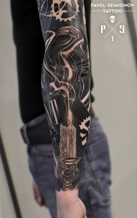 Smoked Out Tattoo Sleeve, Skeleton Holding Candle, Realism Candle Tattoo, Candle Forearm Tattoo, Realistic Candle Tattoo, Candle Throat Tattoo, Flames Sleeve Tattoo, Smokey Candle Tattoo, Black And Grey Candle Tattoo