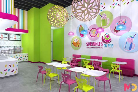 Sprinkles on Top Frozen Yogurt Store Design by Mindful Design Consulting Frozen Yogurt Shop Design, Heladerias Ideas Decoracion, Frozen Yogurt Store, Cake Shop Design, Fun Interior, Lime Green Walls, Ice Cream Store, Yogurt Toppings, Selfie Wall