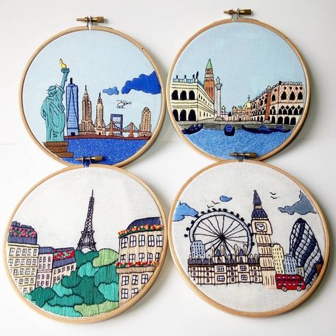 City Embroidery, Freehand Embroidery, Christian Ornaments, Embroidery Hoop Wall Art, Xstitch Patterns, Embroidery Wall Art, Creative Textiles, Pola Sulam, 9 Hours