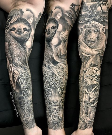 Animal safari tattoo in black and grey with a leopard, owl, monkey and sloth Sloth Tattoos, Safari Tattoo, African Sleeve Tattoo, Aztec Tattoos Sleeve, Sloth Tattoo, Animal Sleeve, Wildlife Tattoo, Africa Tattoos, Aztec Tattoos