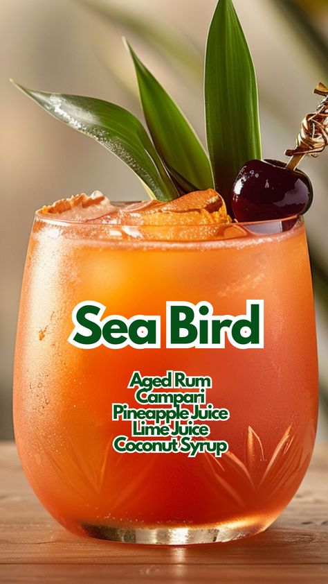 Sea Bird Extravagant Cocktails, Summer Rum Cocktails, Campari Cocktail, Dark Rum Cocktails, Paradise Drink, Cocktails Made With Rum, Campari Cocktails, Cocktail Cards, Juice Cocktails