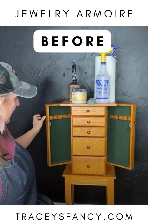 Woman getting ready to clean and paint a orange wood standing jewelry armoire with all the drawers open Refinishing Jewelry Armoire, Painting Jewelry Armoire, Refinish Jewelry Armoire, Jewelry Armoire Repurpose, Jewelry Box Redo Diy, Refurbished Jewelry Armoire, Refinished Jewelry Armoire, Diy Jewelry Box Ideas Handmade, Whimsical Furniture Painting Ideas