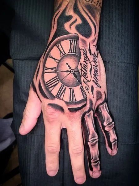 Navy Hand Tattoos, Skeleton Clock Tattoo, Man’s Hand Tattoo, Rare Tattoos Men Hand, Half Skeleton Hand Tattoo, Clock Tattoo On Hand, Hand Tattoo Designs Men Unique, Skeleton Fingers Tattoo, Skeleton Tattoo Hand Men