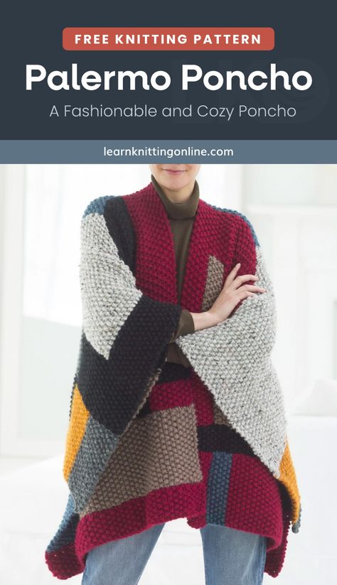 Knitted Poncho Patterns Free Easy, Poncho Knitting Patterns Free, Knitted Poncho Patterns Free, Knit Poncho Pattern, Ruana Pattern, Poncho Knitting, Loop Knitting, Knit Shawls, Knit Poncho Sweater