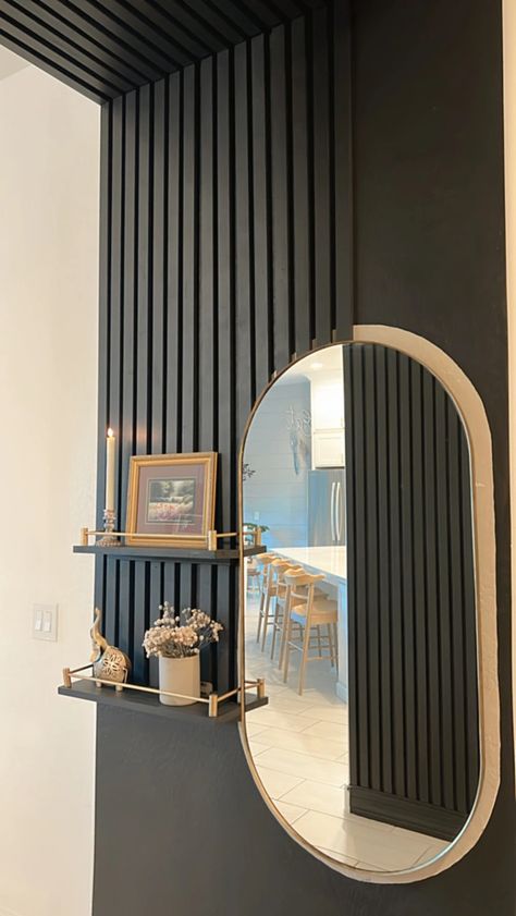 Vogue Decor, Decorative Bathroom Mirrors, Black Feature Wall, Black Accent Walls, Slate Wall, Wood Slat Wall, Deco Studio, Salon Suites, Entryway Wall