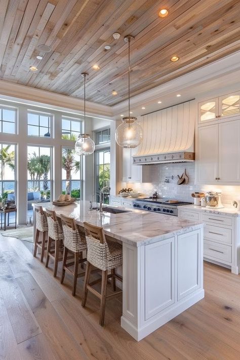 Beach Home Kitchen Ideas, Florida Decorating Ideas Coastal Style, Coastal Modern Farmhouse Kitchen, Kitchen Design Coastal, Modern Coastal Decor Kitchen, Neutral Coastal Kitchen, Coastal Kitchen Flooring Ideas, Modern Coastal Kitchens, Coastal Farmhouse Kitchen Ideas