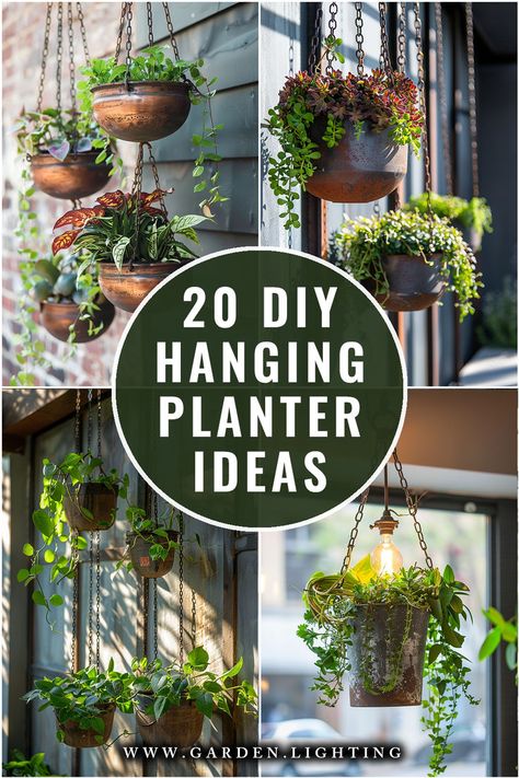 a collage of hanging planters with text overlay reading 20 diy hanging planter ideas Hanging Planter Ideas, Hanging Planters Outdoor, Diy Planters Indoor, Hang Plants, Diy Planters Outdoor, Hanging Plants Diy, Indoor Plant Hangers, Diy Hanging Planter, Macrame Hanging Planter