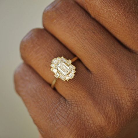 Art Deco Emerald Cut Diamond Ring | Berlinger Jewelry Vintage Wedding Rings 1920s Gold, Deco Emerald Cut Ring, Vintage Inspired Engagement Rings Art Deco Diamond, Emerald Cut Cluster Ring, Art Deco Vintage Engagement Rings, Emerald Cut Art Deco Ring, Gem Wedding Rings, Vintage Wedding Rings 1920s, Emerald Ballerina Ring