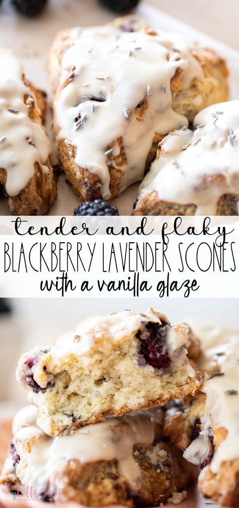 These Homemade Blackberry Lavender Scones are topped with a lavender vanilla glaze. These blackberry scones are so flaky and buttery, and the fresh blackberries and lavender flowers make the best spring brunch recipe. Lavender Dessert Recipes, Blackberry Scones, Lavender Dessert, Blackberry Lavender, Lavender Scones, Summer Fruit Desserts, Berry Desserts, Berry Scones, Food Easter